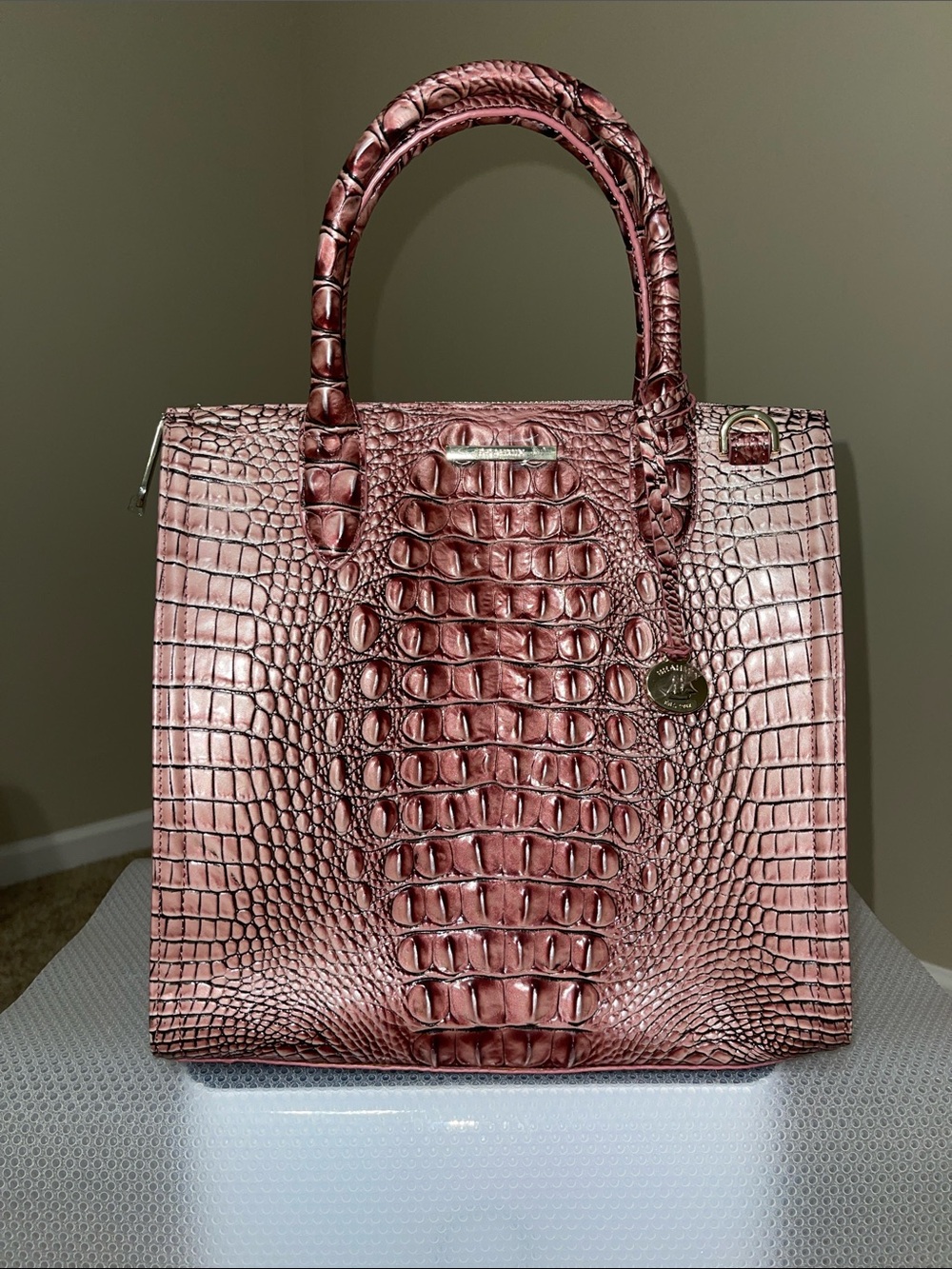 Brahmin Metallic Rose Croc-Embossed Satchel